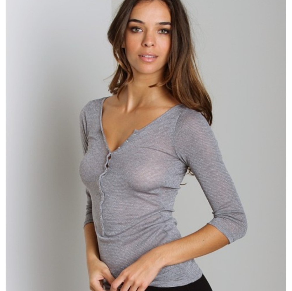 Free People Gray Sparkly Pointelle Henley Blouse with 3/4 Sleeves